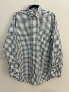 Peter Millar Men’s Medium Plaid 100% Cotton Button Down Shirt Blue Brown Preppy